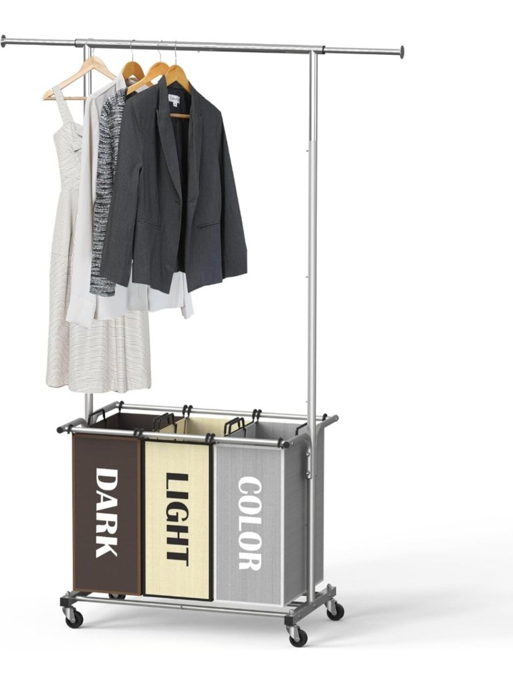 3-Bag Laundry Sorter Cart with Hanging Rod - Multi-Color Organizer for Easy